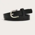 Black PU women's thin belt with silver horseshoe buckle, stylish dress and sweater accessory. - Black (Silver Buckle)