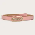 Pink thin women's belt with gold rhinestone oval buckle stylish accessory for dress trousers - Pink