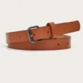 Minimalist women's thin brown leather belt with metal pin buckle, chic daily dress accessory. - Camel (Black Buckle)