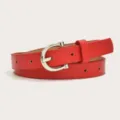 Red PU leather women belt with silver metal buckle, slim dress pants decorative waist belt. - Red (Silver Buckle)
