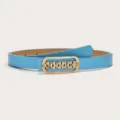 Women light blue thin leather belt with gold rhinestone geometric buckle for dress pants - Light Blue