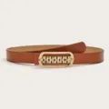 Women brown thin leather belt with gold rhinestone geometric buckle for skirt dress pants. - Camel