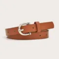 Brown PU leather thin belt for women with elegant silver buckle, perfect daily accessory. - Khaki (Silver Buckle)