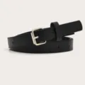 Black thin leather belt for women, simple silver pin buckle design, versatile skirt accessory - Black (Silver Buckle)