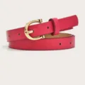 Stylish women's red PU leather thin waist belt featuring a gold buckle for dresses and pants. - Rose Red (Gold Clasp)