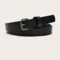 Minimalist women's thin black leather belt with silver pin buckle, stylish dress accessory. - Black (Black Button)