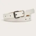 Simple women's white thin leather belt with dark metal pin buckle, versatile chic dress accessory. - White (Black Button)