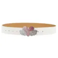 Rhinestone heart wing buckle detail on white belt, stylish Y2K fashion jeans accessory. - White