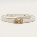 Focus on detail, white slim leather belt with gold heart metal buckle for dress jeans. - White