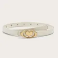 Close-up of a stylish white thin leather belt featuring a sleek gold-colored oval heart buckle. - Length 105cm Width 1.4cm / White