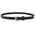 Minimalist black leather belt for women, featuring a sleek silver-toned pin buckle design. - Black