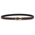 Detailed shot of women's brown PU leather thin belt with elegant gold horseshoe metal buckle. - Coffee (Gold Buckle)