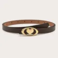 Elegant brown leather thin belt with gold heart buckle close-up detail, fashion accessory. - Length 105cm Width 1.4cm / Coffee