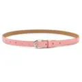Women pink leather belt with silver metal pin buckle, slim casual dress waist belt. - Pink (Silver Buckle) / Length 105cm, Width 1.7cm