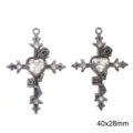 Gotischer schwarzer Metall Kreuz Anhänger mit Strass Herz und Rose DIY Schmuck Zubehör 40x28mm - Rosenkreuz (Weißes Strassherz) / 1 Stück / Waffenschwarz