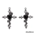 Gothic schwarzer Kreuz Anhänger Legierung Harz Strass Herz Rose DIY Halskette Schmuck - Rosenkreuz (Schwarzes Strassherz) / 1 Stück / Waffenschwarz