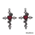Gotischer Roter Herz Kreuz Anhänger Legierung DIY Halskette Schmuck Zubehör 40x28mm 2St - Rosenkreuz (Rotes Strassherz) / 1 Stück / Waffenschwarz