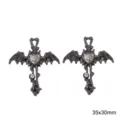 Schwarzer Legierung Fledermaus Flügel Herz Kreuz Anhänger DIY Halskette Accessoire 35x30mm - Engelsflügel Kreuz (Weißes Strassherz) / 1 Stück / Waffenschwarz
