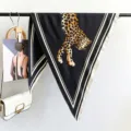 Retro golden leopard print silk scarf women square shawl elegant neck wrap shirt accessory - Black