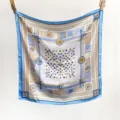 Detail shot of French floral imitation silk square scarf with blue border and stripe pattern. - Blue