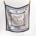 Elegant floral silk square scarf with chic blue and orange geometric borders for stylish women. - Sapphire Blue
