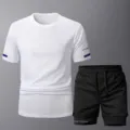 Herren schnelltrocknend Sport Fitness Training Kurzarm T-Shirt und Shorts Sportset. - XS / Oberteil und Hose / Weiß Weste Schwarz Shorts