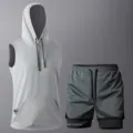 Men summer fitness sportswear set sleeveless hoodie and mesh shorts quick dry workout suit - Light Gray Vest Black Shorts