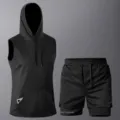 Schwarzer ärmelloser Kapuzen-Sportanzug, Herren Schnelltrocknendes zweiteiliges Trainingsset. - XS / Oberteil und Hose / Schwarz