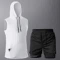 Herren Sommer Fitness Sport Training Weiß Ärmellos Hoodie und Schwarz Shorts Set - XS / Oberteil und Hose / Weiß Weste Schwarz Shorts