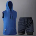 Herren Sommer Fitness Sport Zweiteiler Set Ärmelloser Hoodie Mesh Shorts Schnelltrocknend Gym - XS / Oberteil und Hose / Blau Weste Dunkelblau Shorts