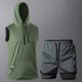 Herren Sommer Fitness Sportbekleidung Set, ärmelloser Kapuzenpullover und Sporthose. - XS / Oberteil und Hose / Armeegrün Weste Grau Shorts