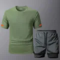 Herren Schnelltrocknend Sportbekleidung Set grüne T-Shirt und graue Mesh Shorts Variante. - Armeegrün Weste Grau Shorts