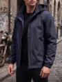 Men's hooded casual jacket in navy blue, waterproof fabric, stylish outdoor wear, size L - XS / Tops / Dark Blue