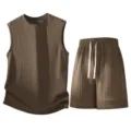 Herren Sommer Freizeit ärmelloses Tanktop und strukturierte Shorts zweiteiliges Set in Braun. - S / Oberteil und Hose / Kaffeebraun
