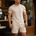 Herren Freizeit Rundhals Kurzarm T-Shirt und Kordelzug Shorts Zweiteiler Set Beige - S / Oberteil und Hose / Khaki