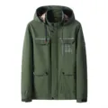Men's autumn army green hooded multi-pocket windbreaker jacket with plaid lining. - M / Tops / Army Green