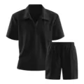Schwarzes Sommer Casual Revers Halb-Zip Kurzarmhemd und passende Shorts Set für Herren. - S / Oberteil und Hose / Schwarz