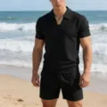 Herren Sommer Strick Polo Shirt und Shorts zweiteilig Set Strand Freizeit Outfit schwarz - S / Oberteil und Hose / Schwarz