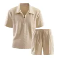 Herren Sommer Freizeit strukturierte Polohemd und Shorts zweiteiliger Set Urlaub Strand Outfit - S / Oberteil und Hose / Khaki