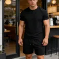 Herren Freizeit geripptes Rundhalsausschnitt Kurzarm T-Shirt und Shorts Set Sommer schwarz - S / Oberteil und Hose / Schwarz