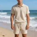 Herren Sommer Beiges Knit Kurzarm Polo Shirt und Shorts Zweiteiliges Strand Outfit Set - S / Oberteil und Hose / Khaki