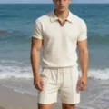 Herren Sommer Strick Polohemd und Shorts Set Beige Urlaub Strand Outfit Freizeitkleidung - S / Oberteil und Hose / Gebrochenes Weiß