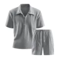 Herren Graues Texturiertes Polohemd und Shorts Set Sommer Freizeit Zweiteiler Variante - S / Oberteil und Hose / Grau