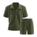 Set Polo e Shorts Testurizzato Verde Scuro Uomo Casual Estate Due Pezzi Variant - Verde militare