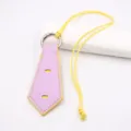 Detailed view of the purple leather tie-shaped glasses strap with yellow edges for use. - Taro Purple