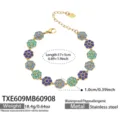 Vergoldetes Edelstahl Blumen Gliederarmband mit funkelnden mehrfarbigen Zirkon Steinen verziert. - Armband / 17+5cm / Blau
