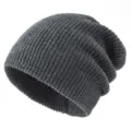 Dark grey knitted slouchy beanie hat detail, soft winter warm cap for men and women daily wear. - Adjustable / Dark Gray