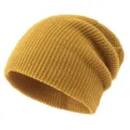 Closeup of mustard yellow slouchy knit beanie, double-layer thick thermal winter hat. - Adjustable / Dark Yellow