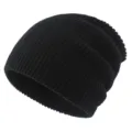 Detailed close-up view of a black knitted slouchy beanie, soft texture and warm winter design. - Adjustable / Black