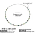 Edelstahl Halskette mit grünen Zirkonia Steinen, stilvolle elliptische Kette für Damen. - Halskette / Grün Zirkonia 31.5+12cm / Stahlfarben
